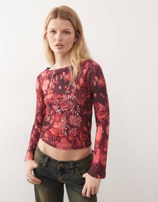 Reclaimed Vintage Reclaimed Vintage slash neck flare sleeve top in floral print with embellishment in pink