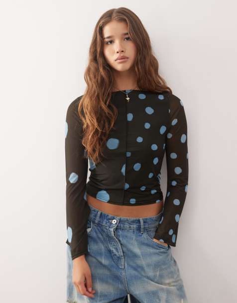 Reclaimed Vintage slash neck flare sleeve top with spliced blurred polka dot print in brown - view 1