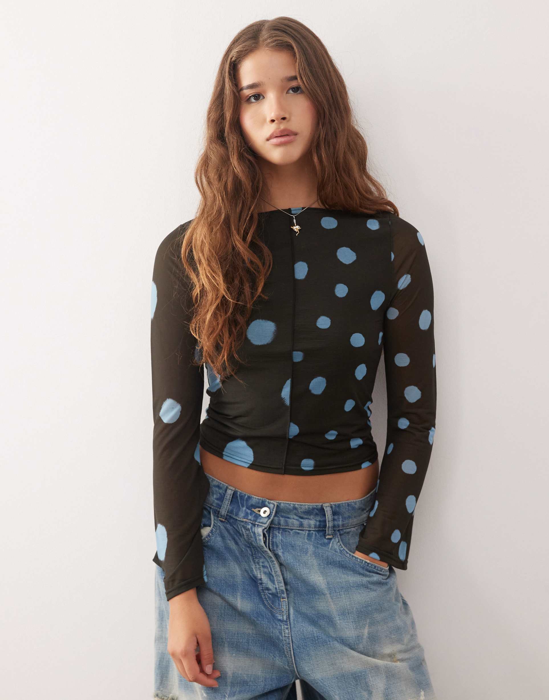 reclaimed vintage slash neck flare sleeves top with spliced blurred polka dot print in brown