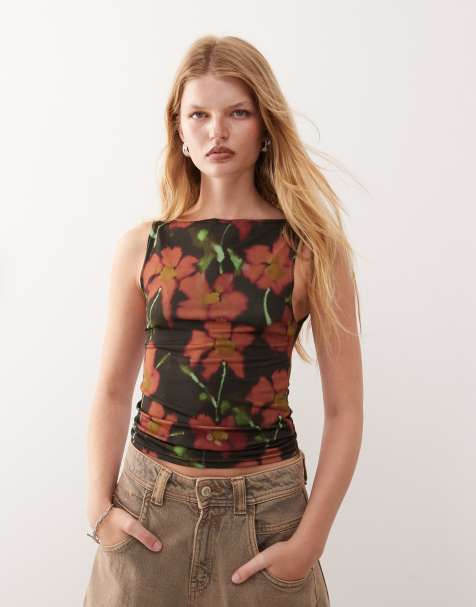 Reclaimed Vintage slash neck jersey tank with floral print in black - view 1