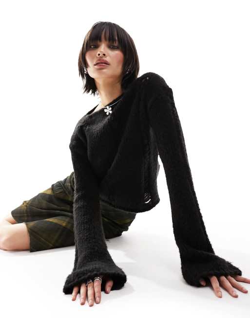 Reclaimed Vintage slash neck laddered knit sweater in black