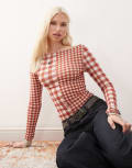 [Reclaimed Vintage] Reclaimed Vintage slash neck long sleeve mesh top in red gingham S RED