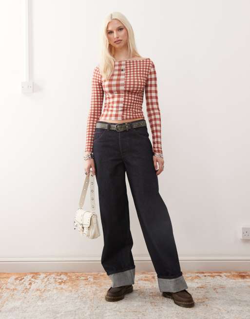 Reclaimed Vintage slash neck long sleeve mesh top in red gingham 
