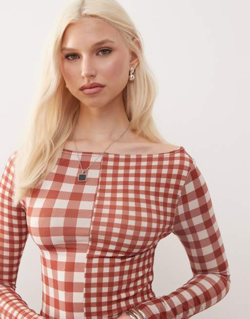 Reclaimed Vintage slash neck long sleeve mesh top in red gingham 
