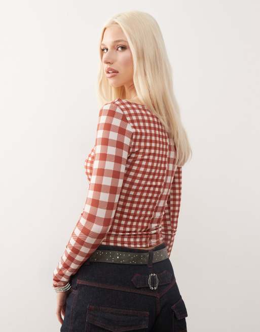 Reclaimed Vintage slash neck long sleeve mesh top in red gingham 