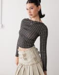 [Reclaimed Vintage] Reclaimed Vintage slash neck long sleeve top in mini check print-Black XS Black check