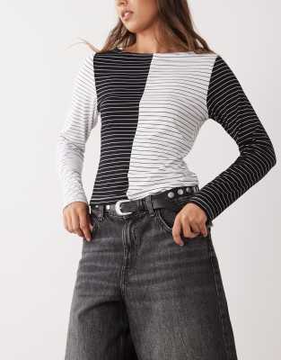 Reclaimed Vintage Slash Neck Long Sleeve Top In Multi