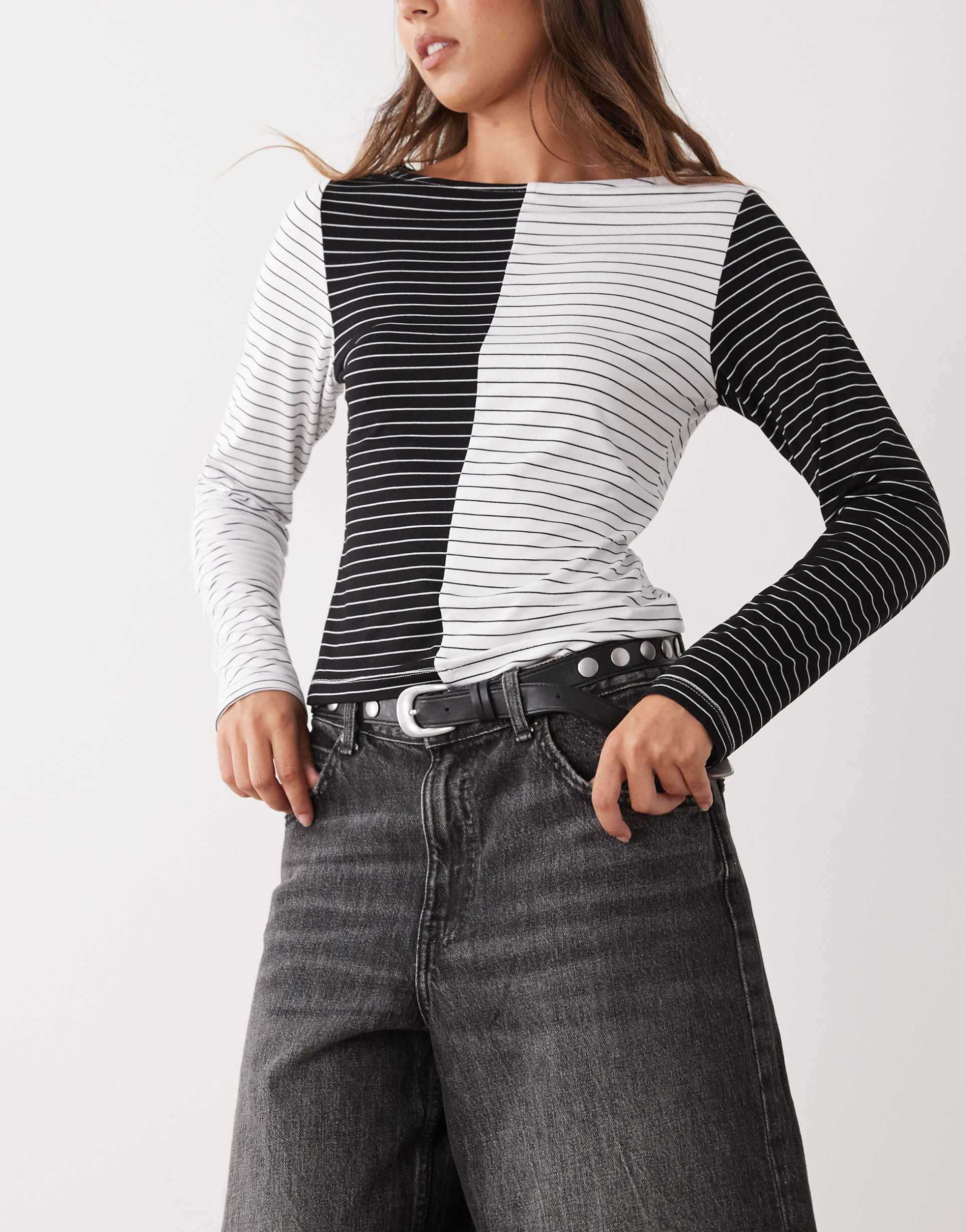 reclaimed vintage slash neck long sleeve top in mixed mono stripe