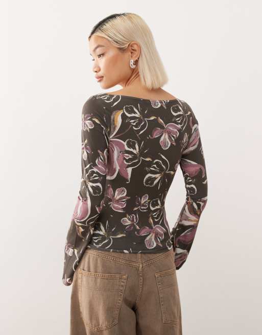 トップス Vintage Tachanmyer love peace&survivaleb Reclaimed Vintage slash neck long sleeve top with flower