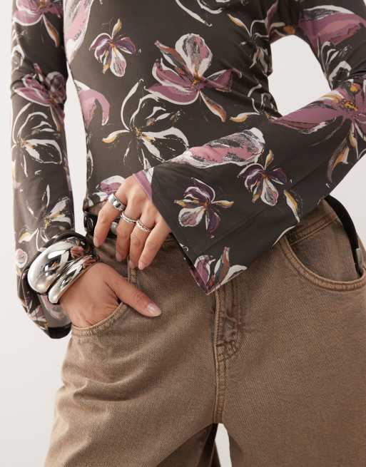 Reclaimed Vintage slash neck long sleeve top with flower print in charcoal, 4 of 4
