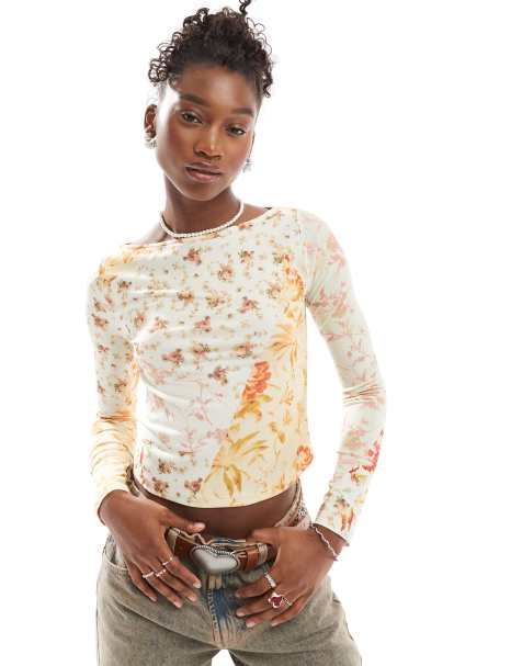 Reclaimed Vintage slash neck mesh top in patchwork floral print - view 1
