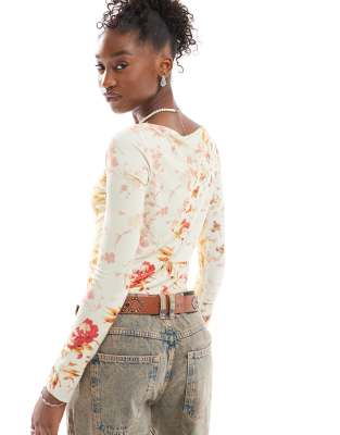 Reclaimed Vintage slash neck mesh top in patchwork floral