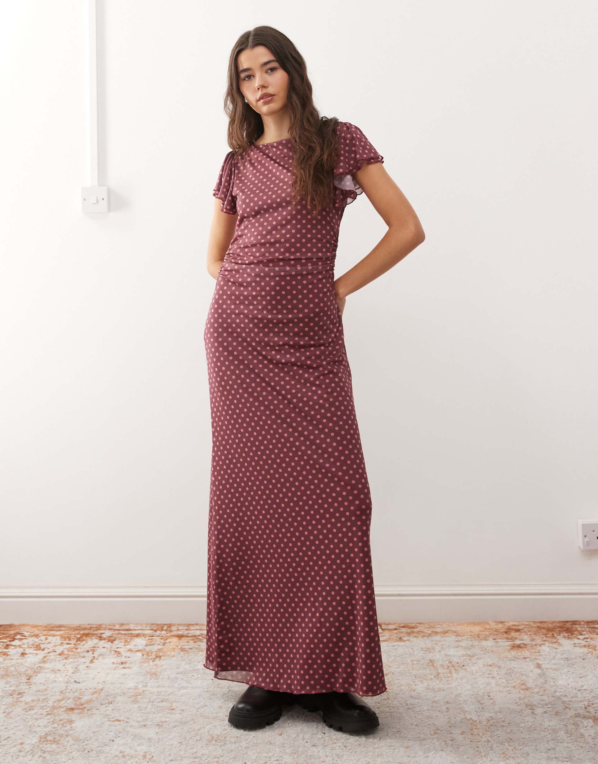 reclaimed vintage slash neck midi dress in pink polka dot print