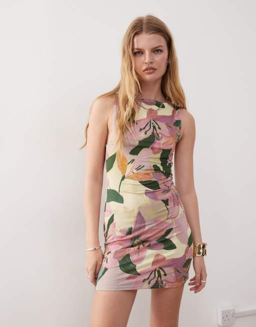 Reclaimed Vintage slash neck mini dress in watercolor floral print