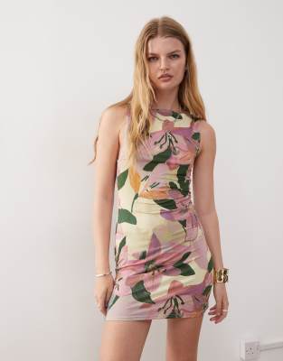 Reclaimed Vintage slash neck mini dress in watercolour floral print-Multi