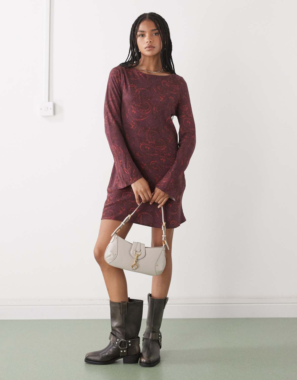 Reclaimed Vintage slash neck mini dress with flared sleeves in burgundy paisley print