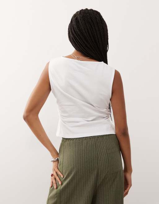 Reclaimed Vintage slash neck ruched cinched waist tank top in white, 3 of 4