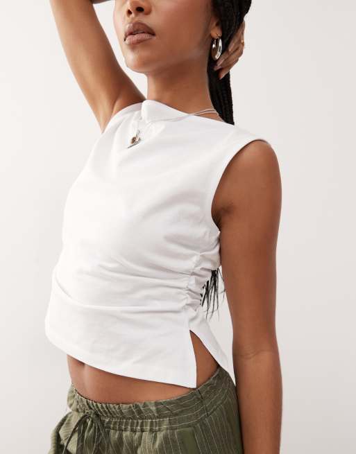 Reclaimed Vintage slash neck ruched cinched waist tank top in white, 4 of 4