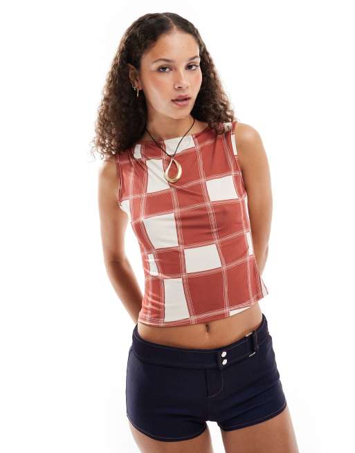Reclaimed Vintage slash neck singlet in checkerboard print in burgundy 