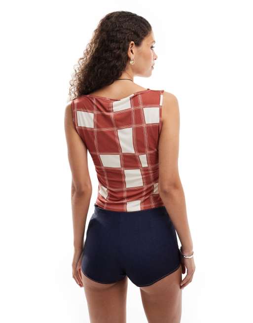 Reclaimed Vintage slash neck singlet in checkerboard print in burgundy ...