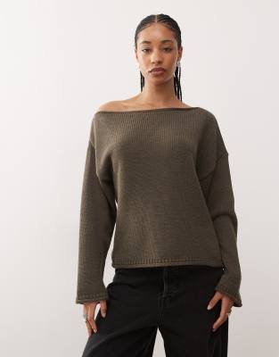 Reclaimed Vintage Slash Neck Slouchy Sweater In Brown