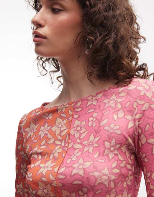 Reclaimed Vintage slash neck spliced floral print long sleeve top, 3 of 4
