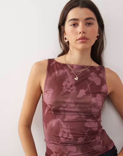 Reclaimed Vintage slash neck tank in pink abstract floral print - view 1