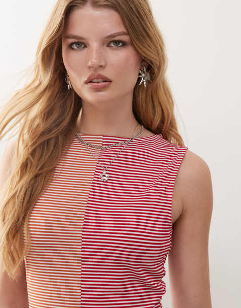 Reclaimed Vintage slash neck tank in spliced pink and orange stripe print - view 1