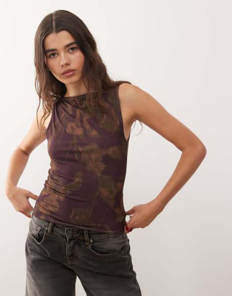 Reclaimed Vintage slash neck tank top in fig floral print  - view 1