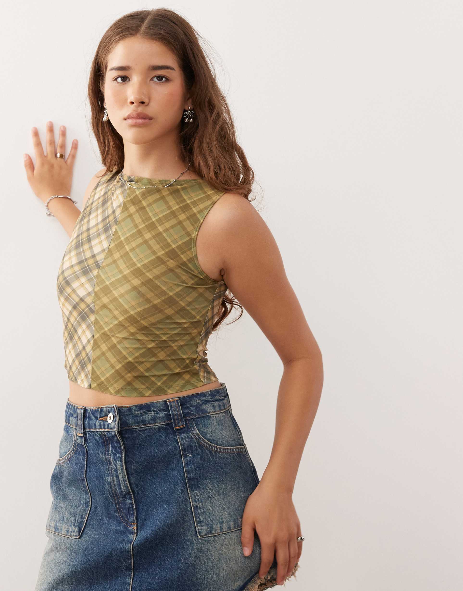 reclaimed vintage slash neck tank top in green mixed plaid print