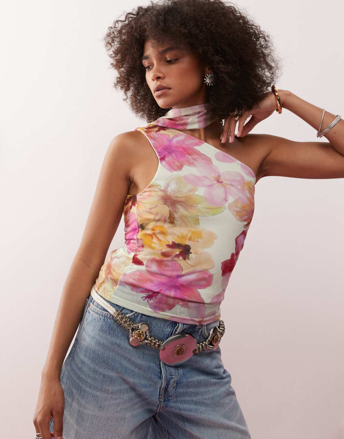 Reclaimed Vintage slash neck tank top in tropical scarf print