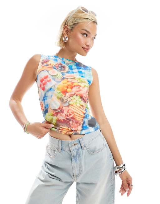 Reclaimed Vintage slash neck tank top with food print in blue gingham