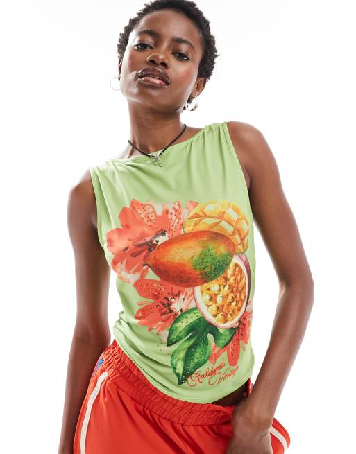 Reclaimed Vintage slash neck tank top with fruit and flower print in green