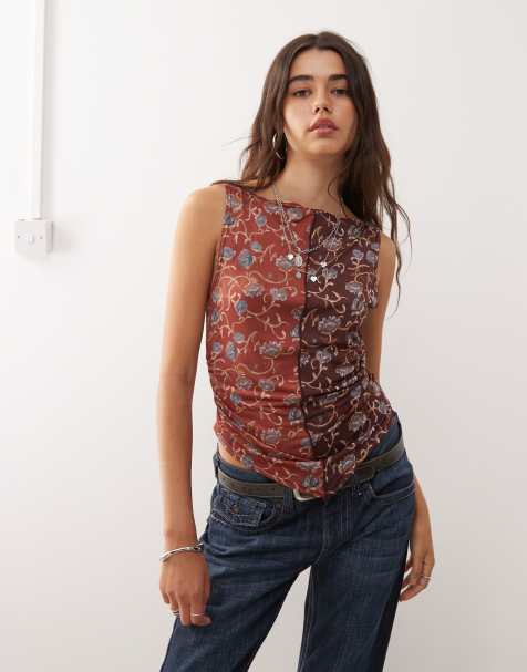 Reclaimed Vintage slash neck tank with tie detail in spliced print - view 1