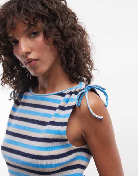 Reclaimed Vintage slash neck terrycloth top in teal stripe - part of a set - view 1