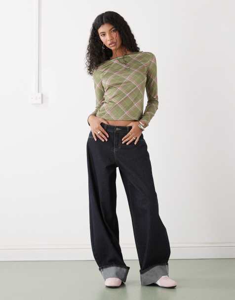 Reclaimed Vintage slash neck top in pink and olive check print