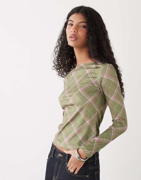 Reclaimed Vintage slash neck top in pink and olive plaid print - view 1