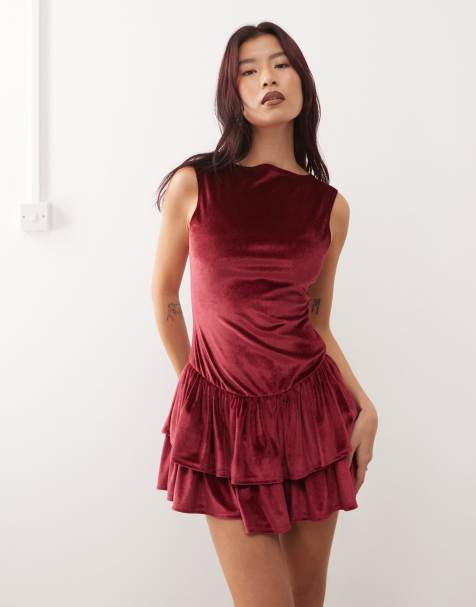 Reclaimed Vintage slash neck velvet mini dress with ruffle hem in burgundy - view 1