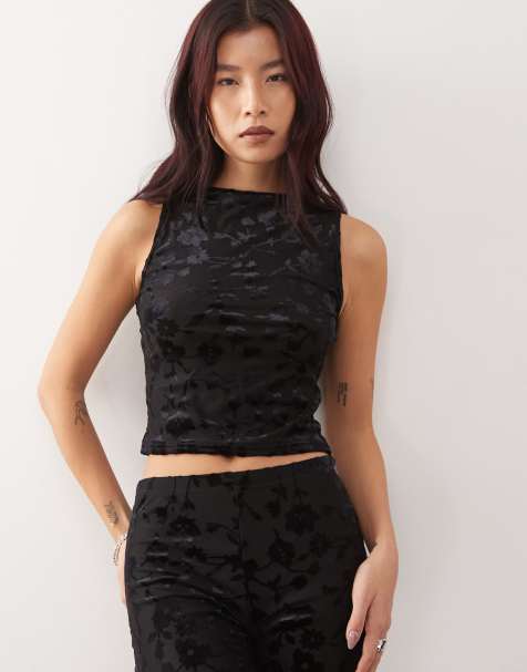 Reclaimed Vintage slash neck velvet tank co-ord in black floral - view 1