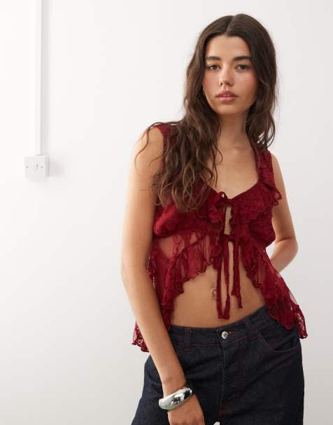 Reclaimed Vintage sleeveless frill neck tie front lace top in burgundy - view 1
