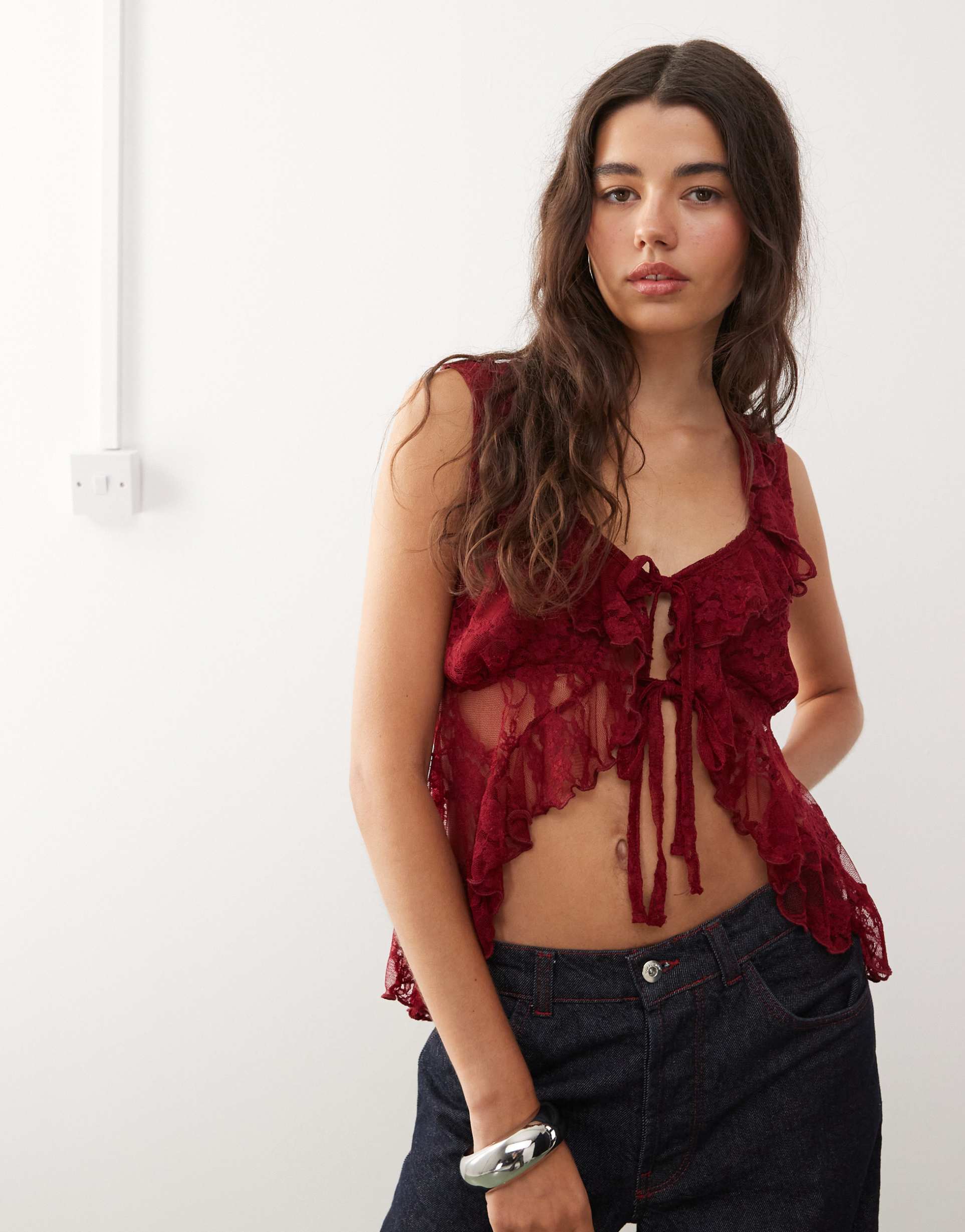 reclaimed vintage sleeveless frill neck tie front lace top in burgundy