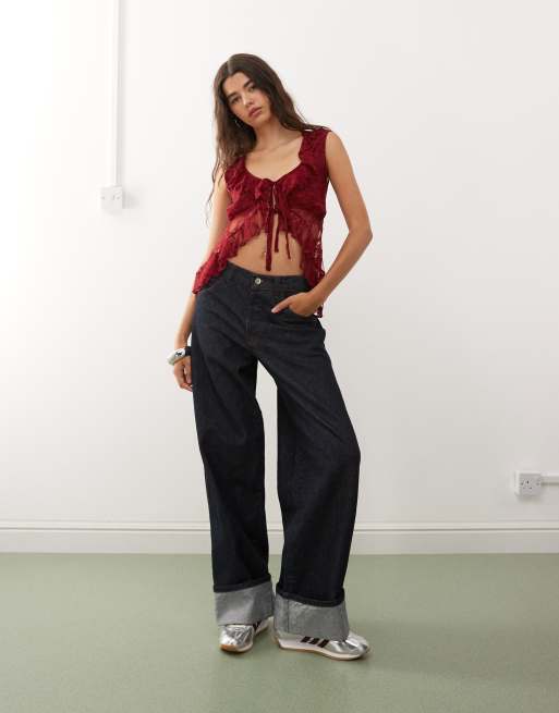 Reclaimed Vintage sleeveless frill neck tie front lace top in burgundy