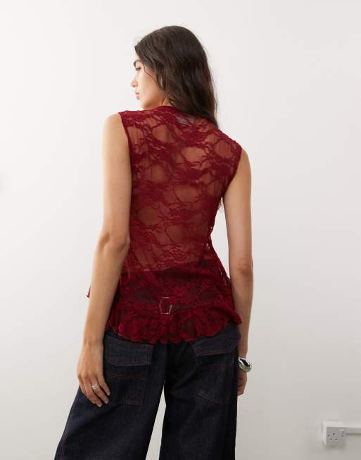 Reclaimed Vintage sleeveless frill neck tie front lace top in burgundy