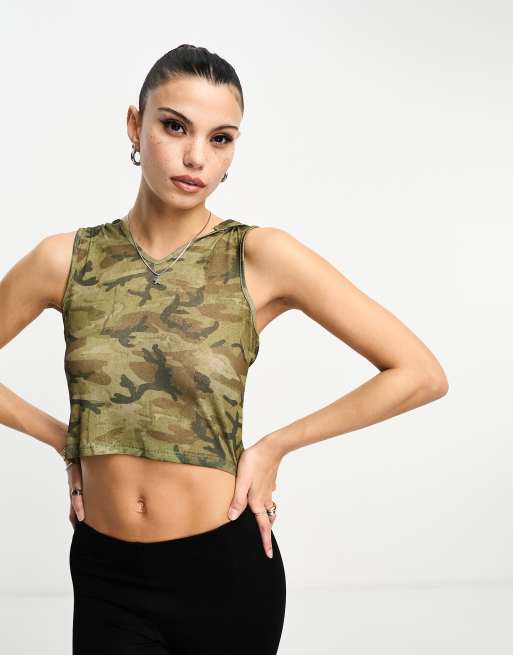 Reclaimed Vintage sleeveless hooded top in camo print ASOS