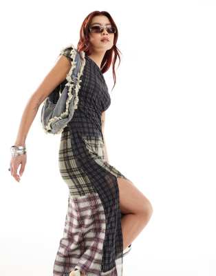 Reclaimed Vintage sleeveless mixed check print dress in mesh