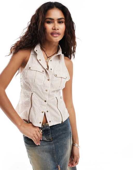 Reclaimed Vintage sleeveless shirt in pinstripe, 3 of 4