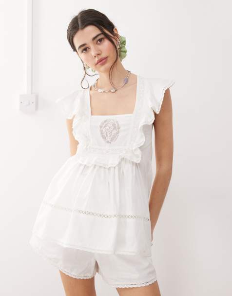 Reclaimed Vintage western smock top with angel sleeves and embroidery in white co-ord