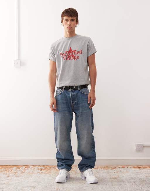 Reclaimed Vintage slim boxy oversized boxy oversized tee with branded graphic in grey marl, 2 of 5