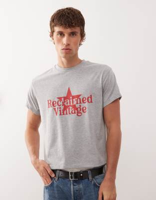 Reclaimed Vintage Reclaimed Vintage slim cropped boxy tee with branded graphic in grey marl