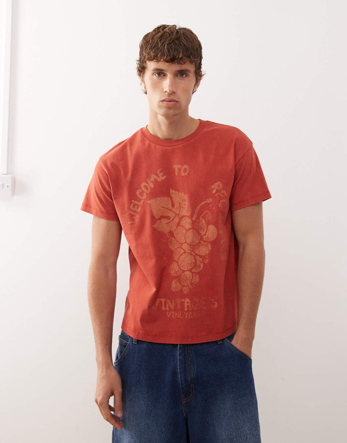 Reclaimed Vintage slim cropped boxy tee with fruit graphic print in washed red